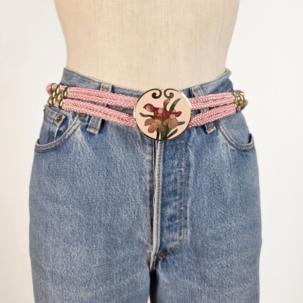 Vintage 80s Pink Braided Rope Belt Cloisonne Orchid Buckle 31 Inch Coquette
